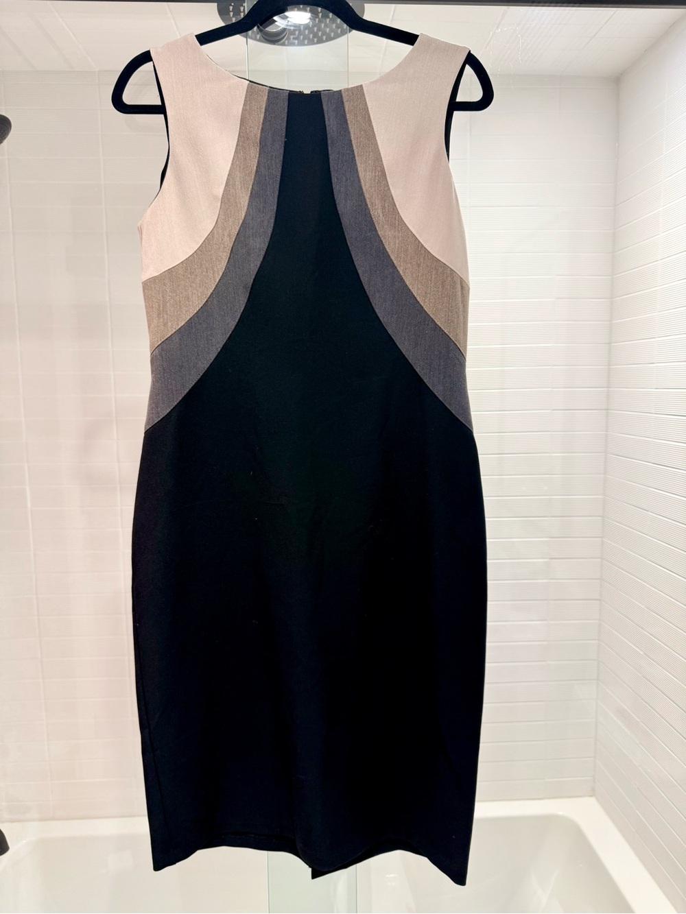 Nine West Sleeveless Midi Sheath Dress in Black, Cream & Taupe
